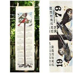 VTG 1979 Winter Birdfeeders Narrow Calendar Towel Cardinals Chickadees Kay Dee